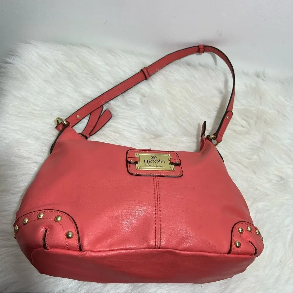 Nicole Miller Peach/Coral‎  Goldtone Studded Hobo Bag